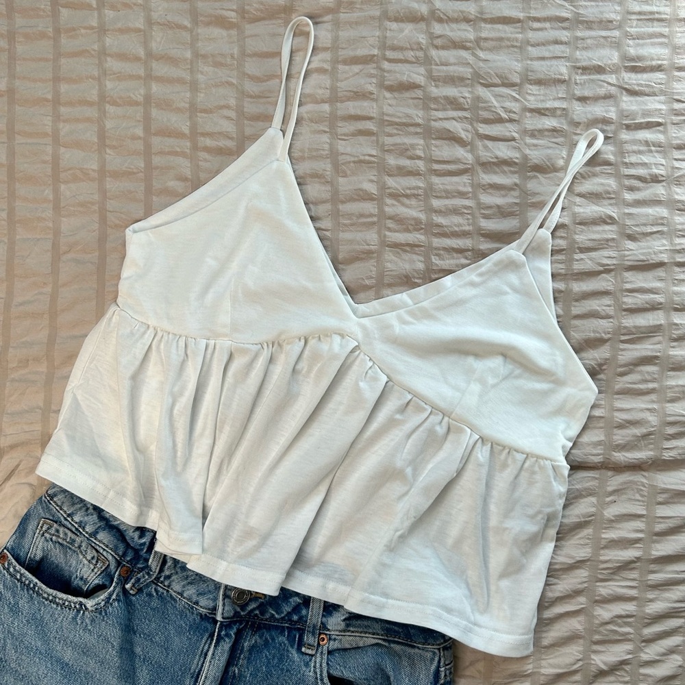 White V-Neck Ruffled Spaghetti Strap Tank Top